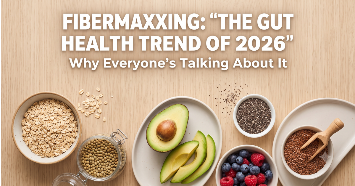 Fibermaxxing gut health trend flat lay of high fiber foods