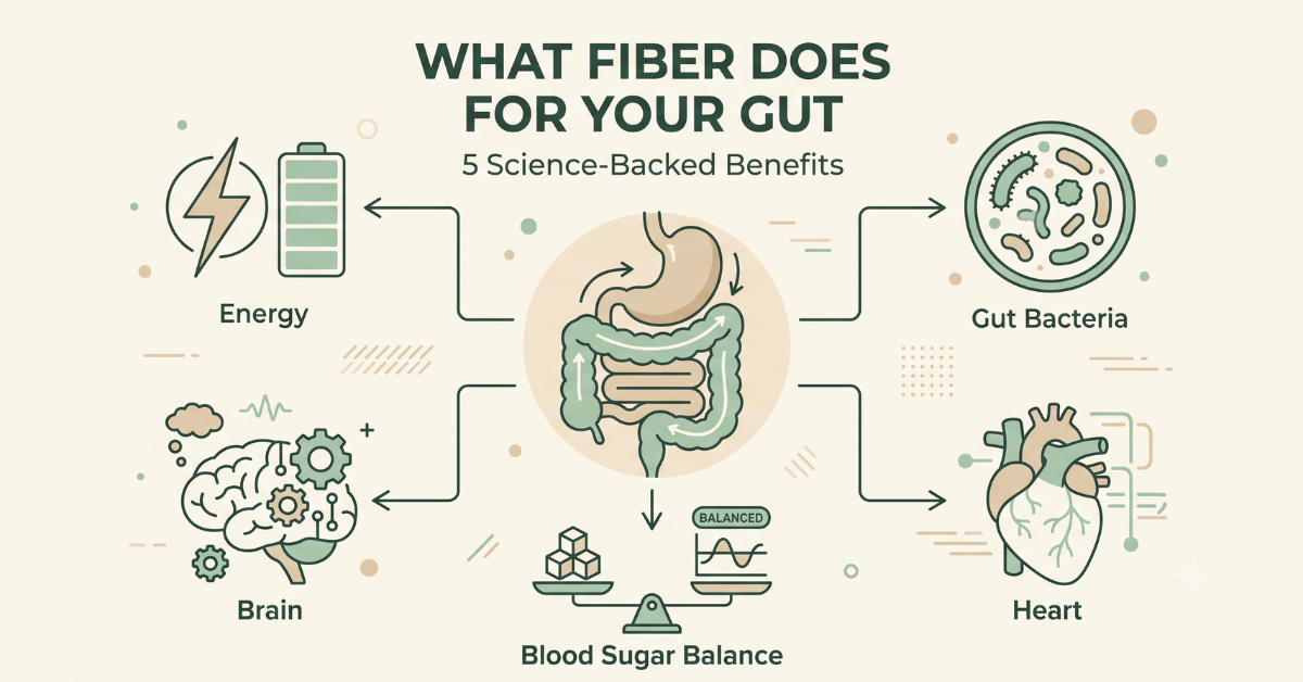 Infographic showing benefits of fiber for gut, heart, and brain health