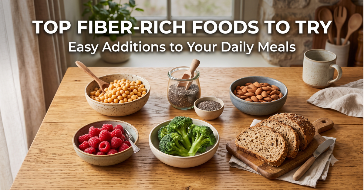 Assortment of high fiber foods including chickpeas, berries and whole grains