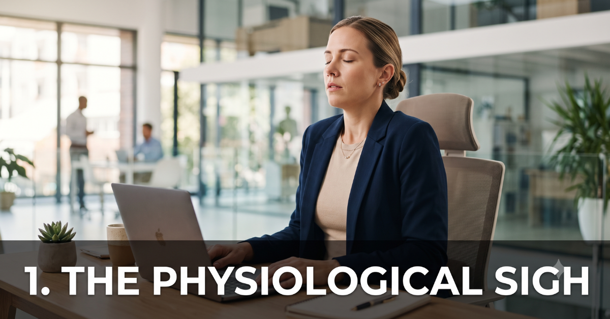 Woman at office desk performing a physiological sigh with a double inhale and long exhale
