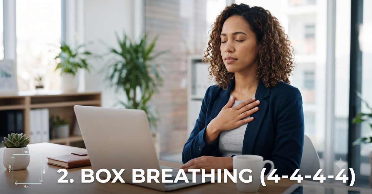 Person at desk practicing box breathing with a four count inhale hold exhale hold pattern
