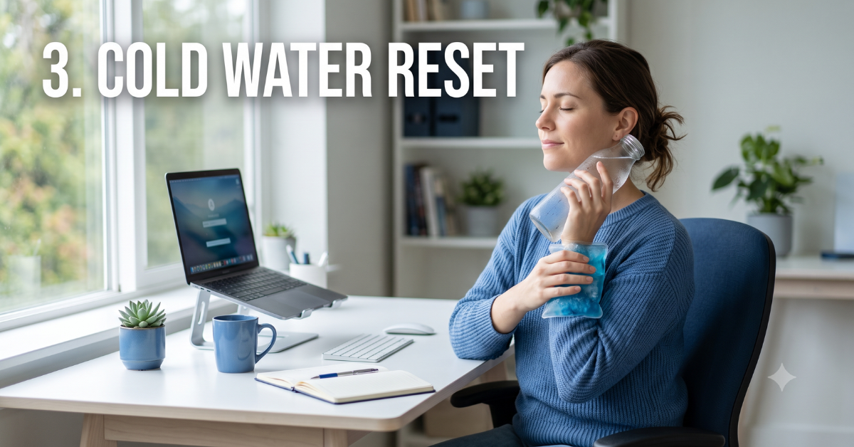Person at office desk pressing cold water bottle against wrist for a cold water nervous system reset