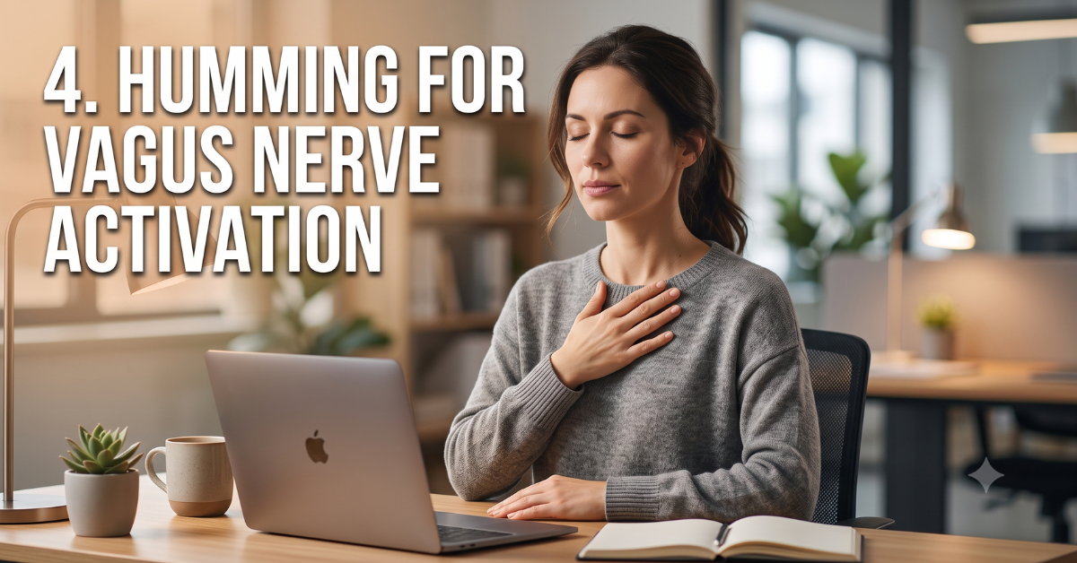 Person at desk with eyes closed gently humming to stimulate the vagus nerve