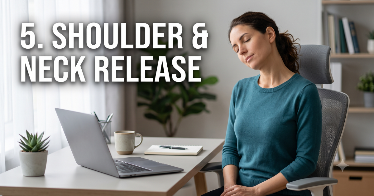 Person at desk gently rolling shoulders back to release tension and calm the nervous system