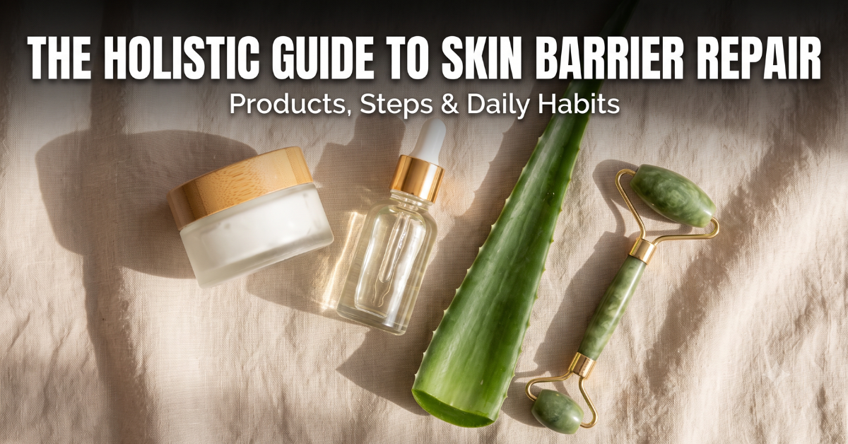 Holistic skincare flat lay with ceramide cream and natural ingredients