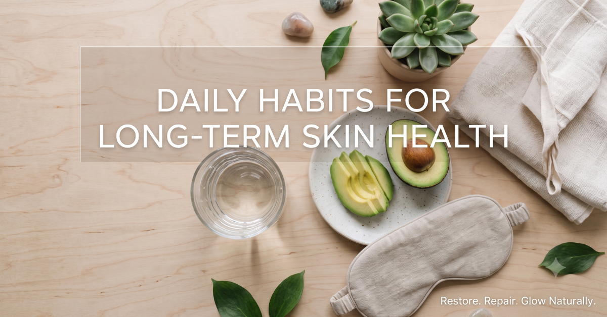 Closing wellness flat lay representing daily habits for skin health