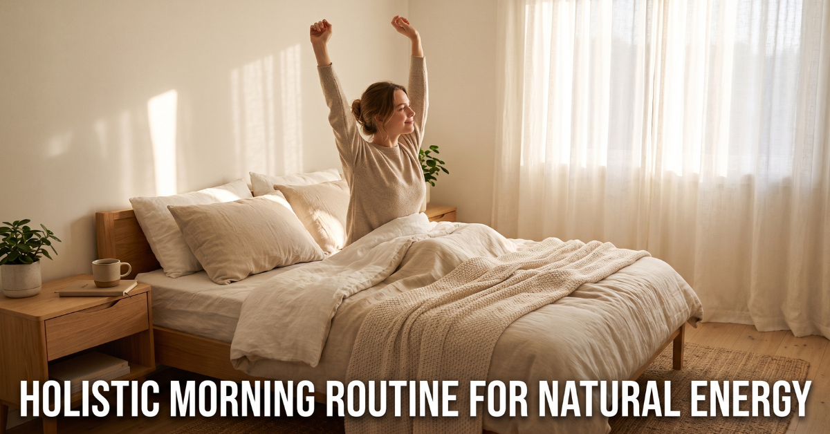 Person waking up in soft morning sunlight, holistic morning routine for natural energy