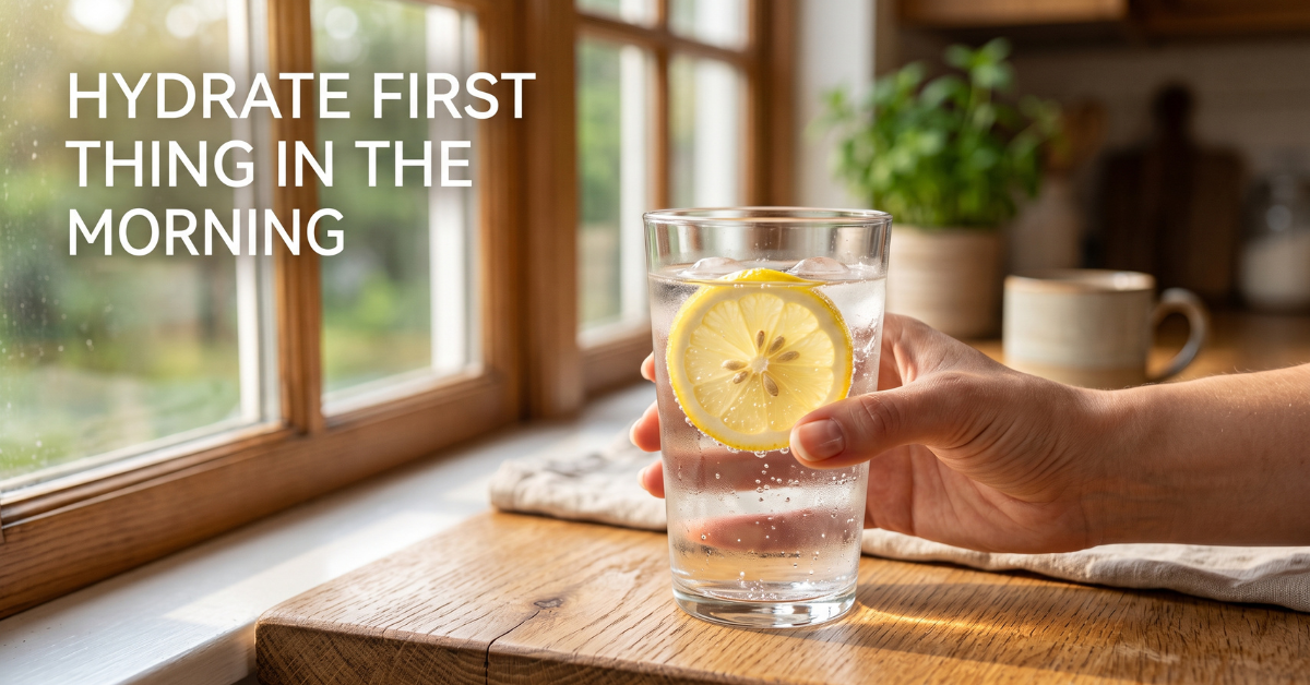 Glass of lemon water on a sunlit kitchen counter, hydrate first thing in the morning