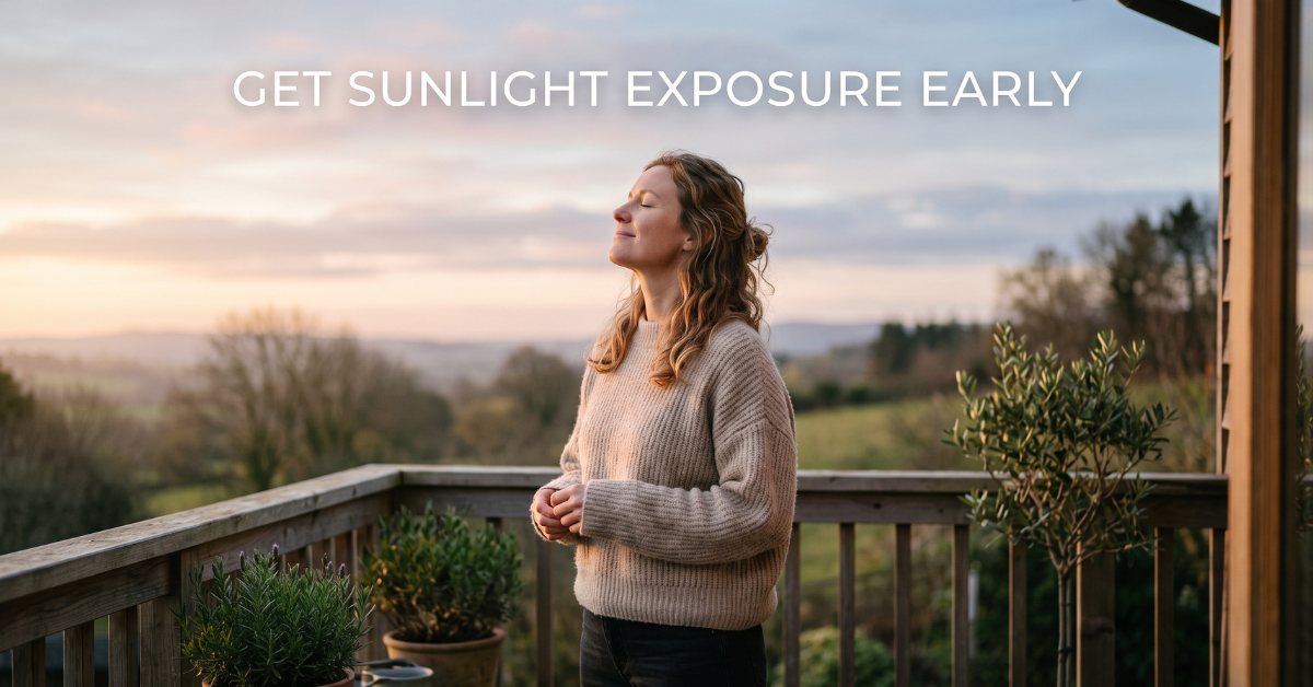 Person facing the sunrise outdoors, get sunlight exposure early in the morning