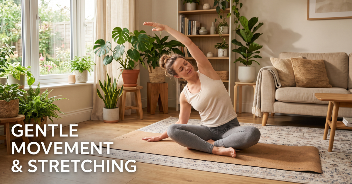 Person doing gentle yoga stretch in a bright living room, gentle movement and stretching