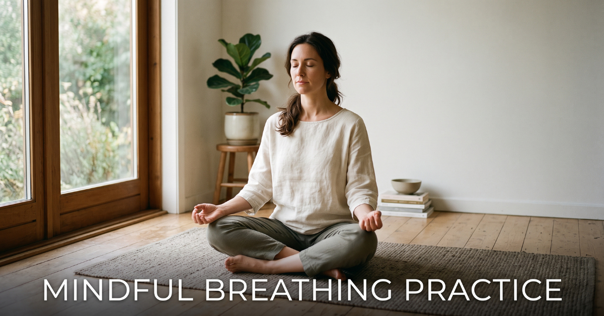 Person sitting cross-legged practicing mindful breathing near a window
