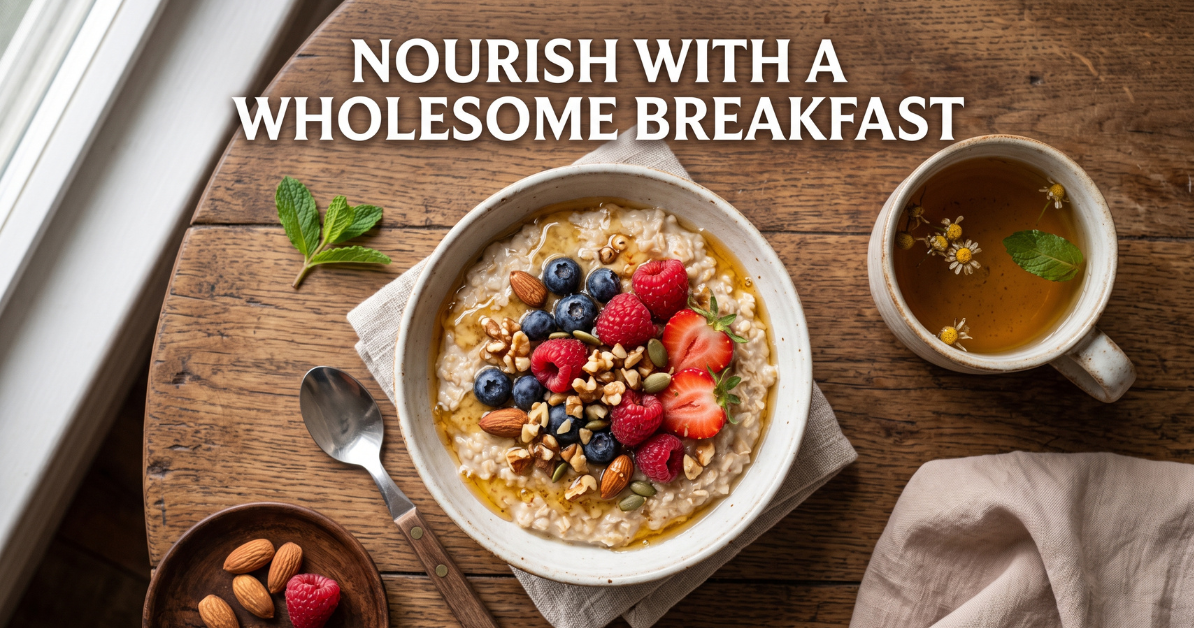Wholesome breakfast bowl with oats, berries, nuts and herbal tea