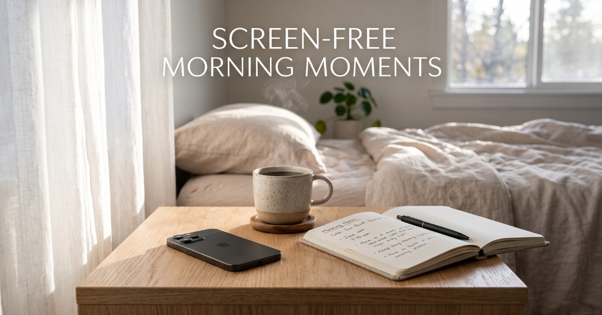 Smartphone face-down on nightstand next to coffee and journal, screen-free morning moments