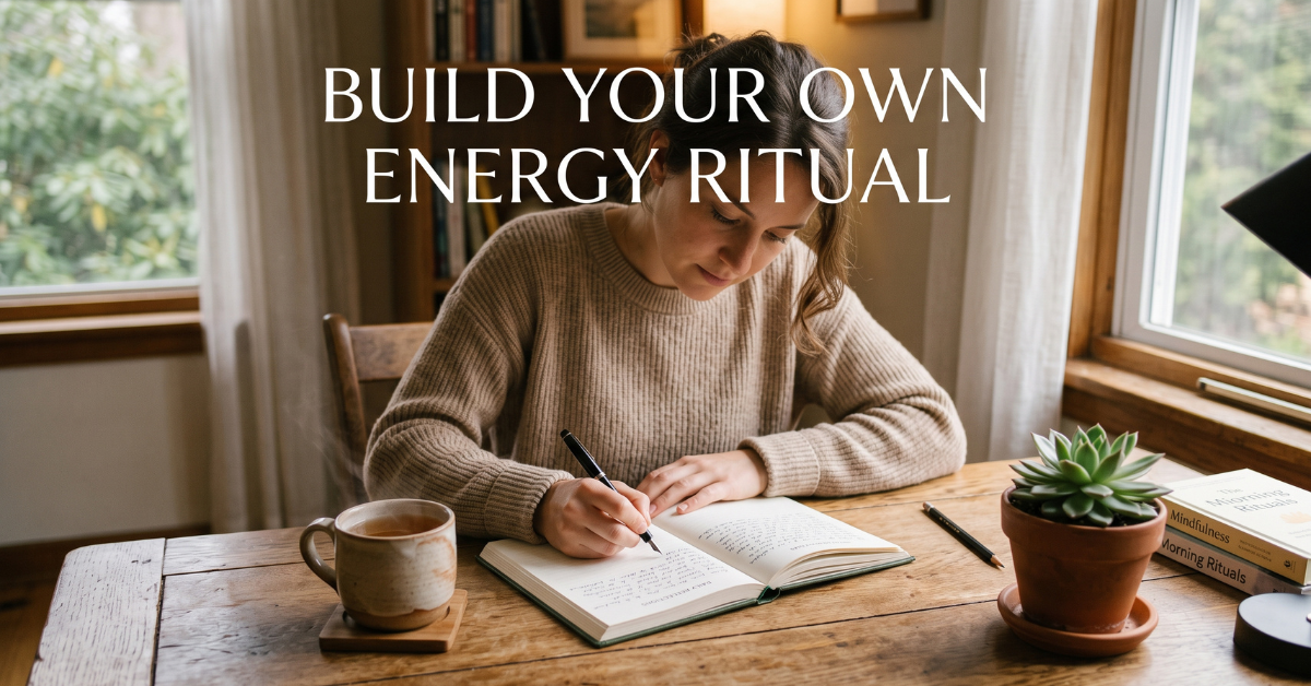 Person journaling at wooden desk with tea, build your own energy ritual