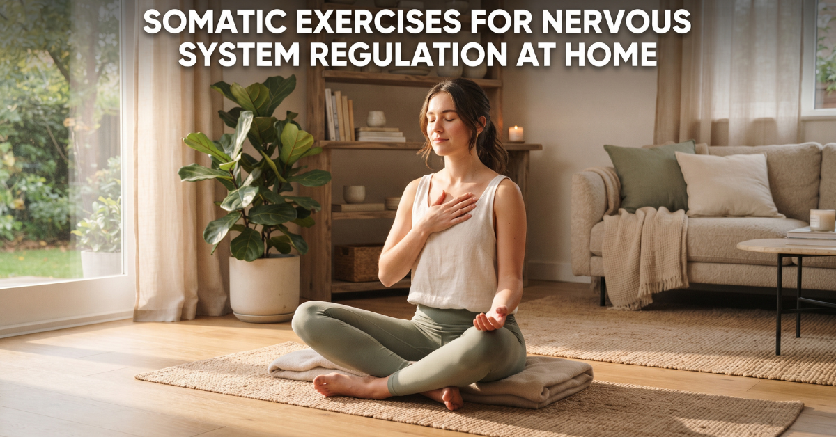Woman practicing calming breathwork at home