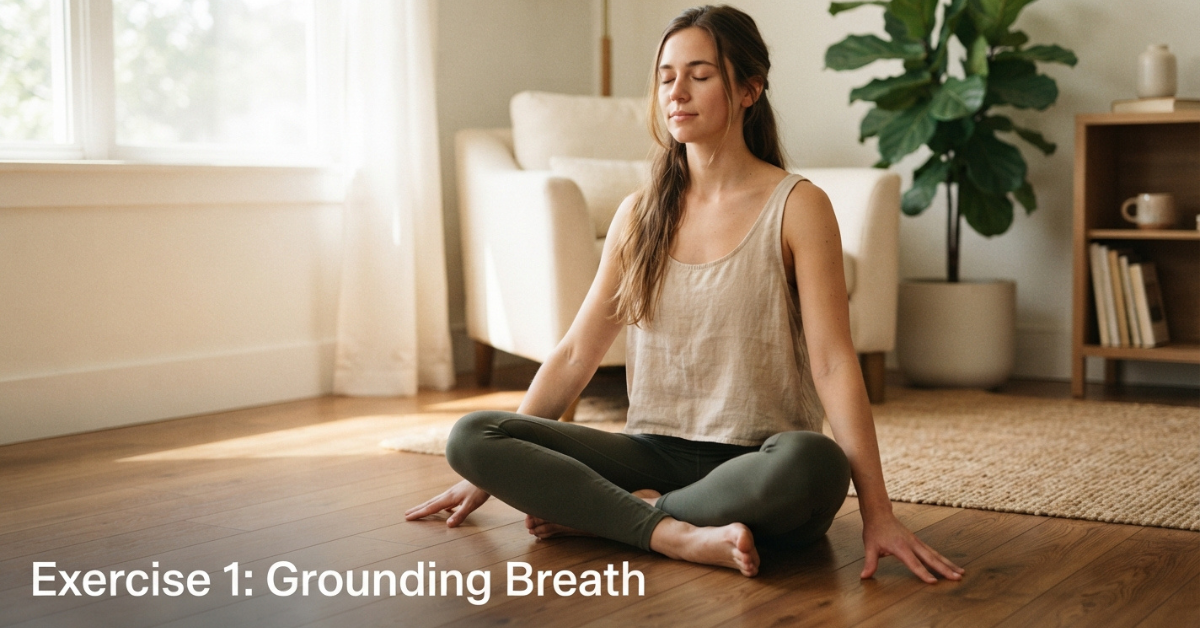 Person practicing grounding breath on the floor
