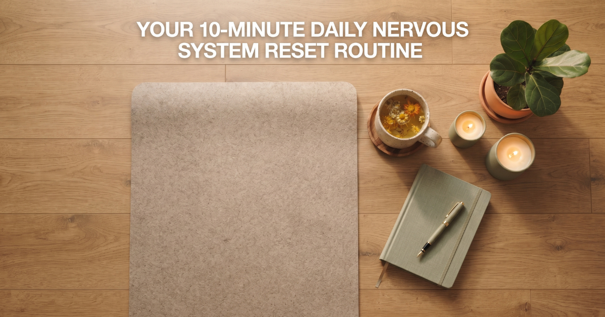 Cozy morning routine flat lay with yoga mat and tea