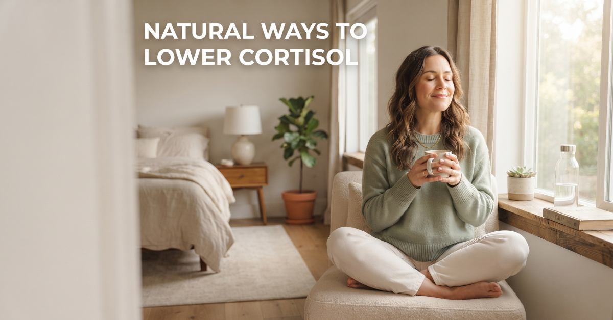 Woman practicing natural cortisol reduction techniques by a sunlit window